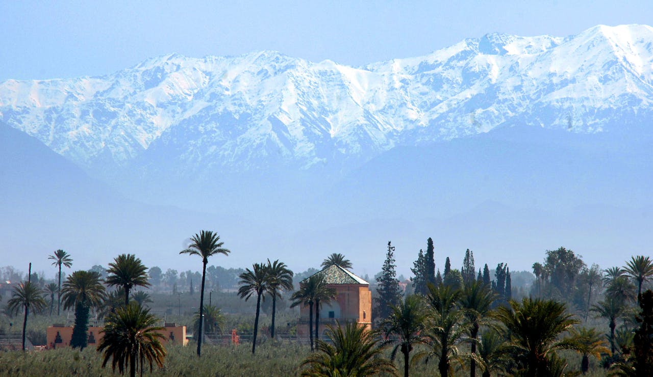 Breathtaking view of snowcapped Atlas Mountains with palm trees in Marrakech, Morocco.